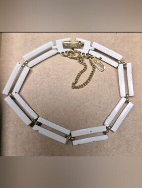 Vintage Monet White Enamel Link Chain Bracelet Gold Tone Box Clasp
